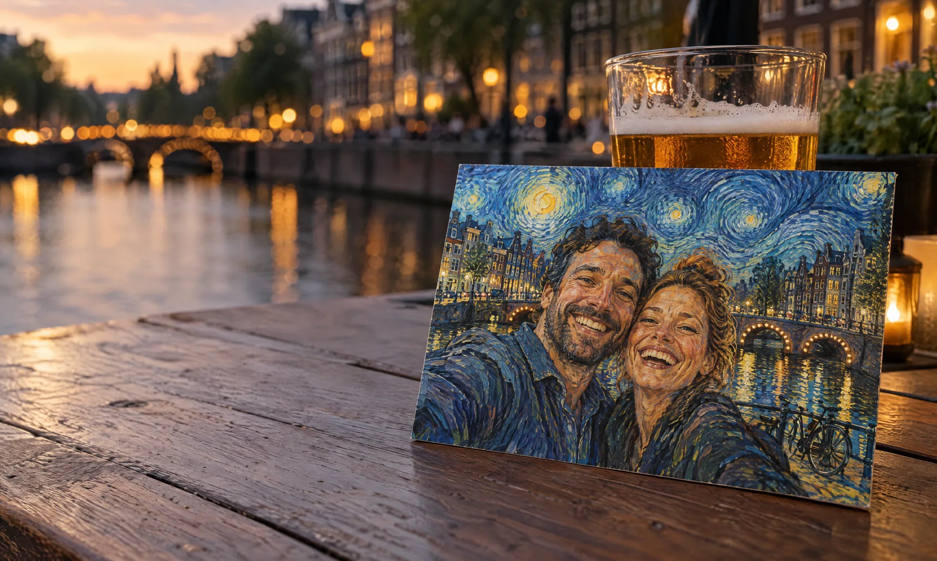 Eine Postkarte an einem Bierglas auf einer Grachtenterrasse: ein lachendes Paar vor einer Amsterdamer Gracht in der Dämmerung, gemalt wie ein Van Gogh