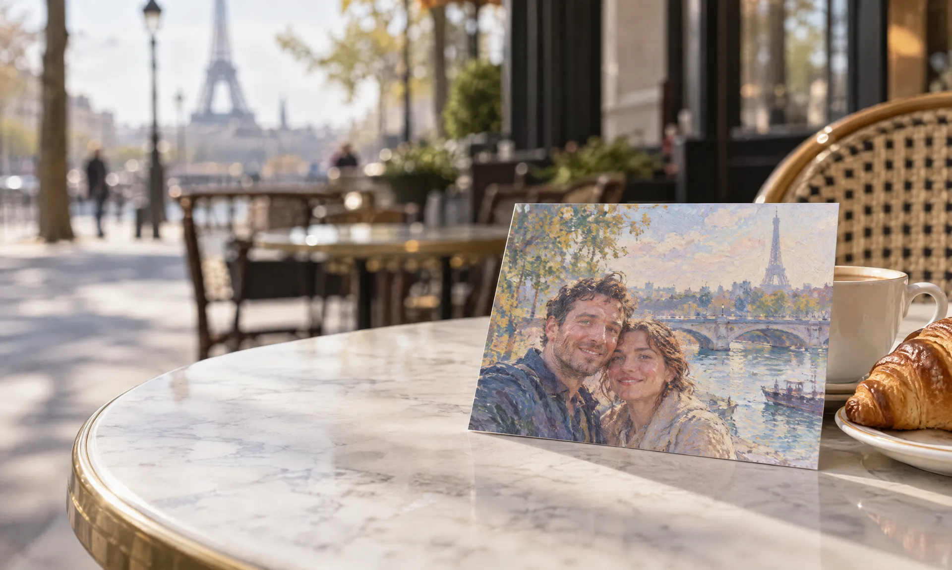 Eine Postkarte an einer Kaffeetasse auf einem Pariser Cafétisch: ein Paar vor der Seine und dem Eiffelturm, gemalt wie ein Monet