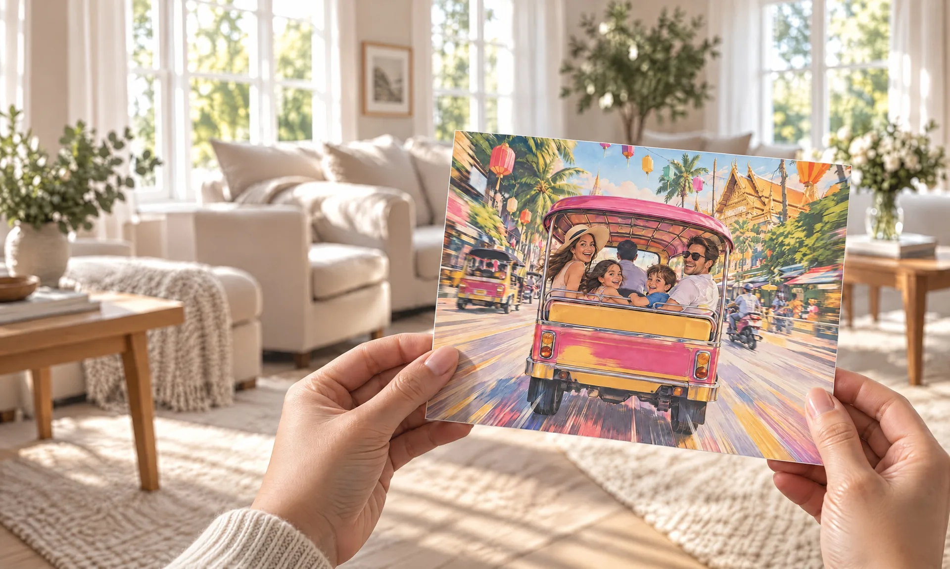 Eine gedruckte HocusPost-Karte in zwei Händen: eine lachende Familie hinten in einem Tuk-Tuk, das durch Bangkok rast