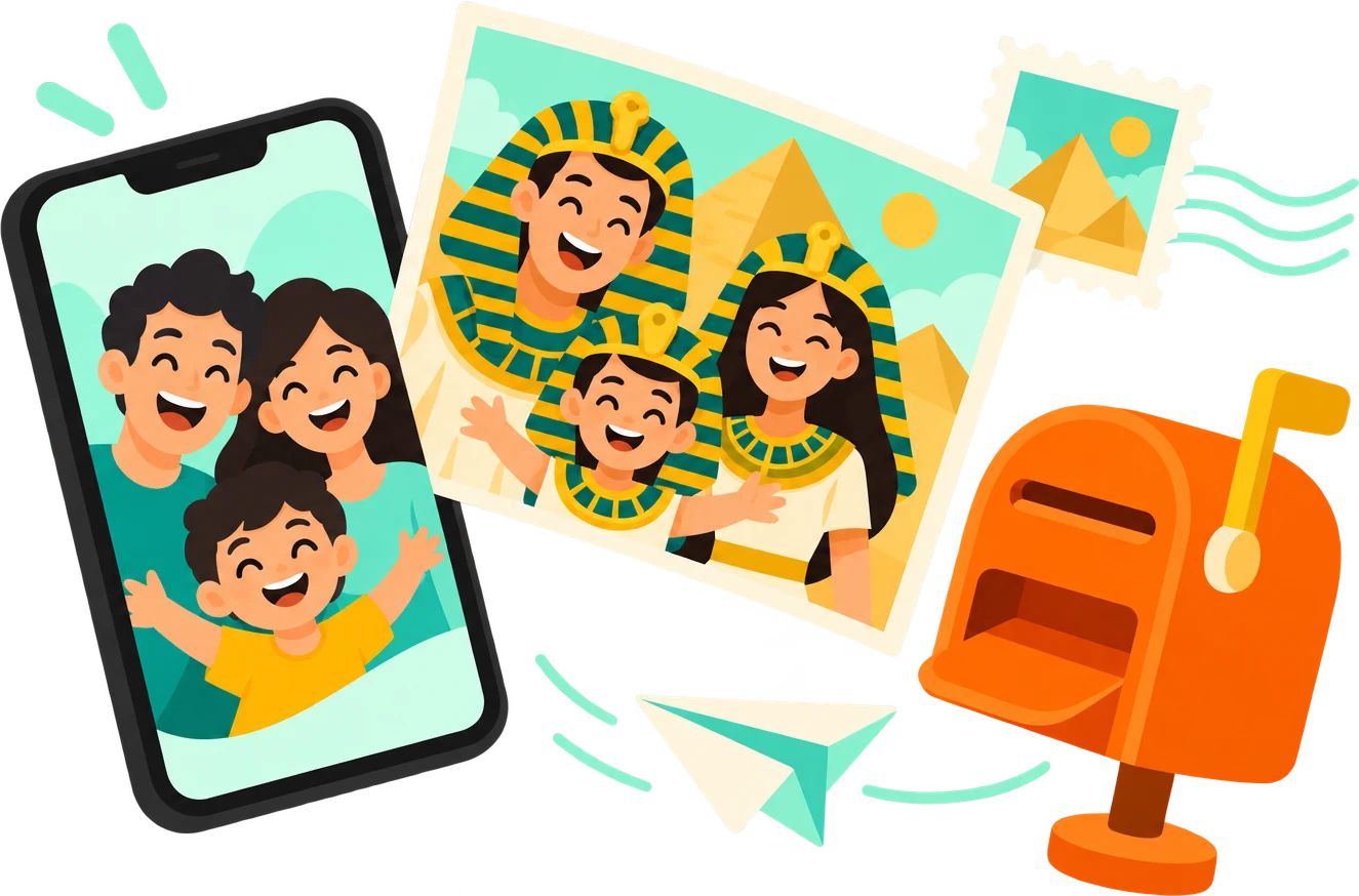 A family photo on a phone becoming a pharaoh postcard, on its way to a letterbox